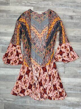 Umgee Pink Multicolor Floral Boho Duster Size Large Open Front, Bell Sleeve, M31
